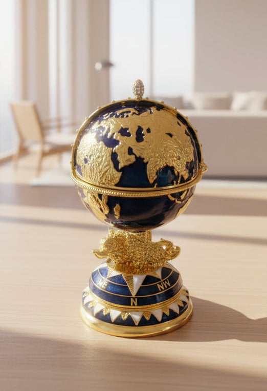 Decorative globe with gold and blue details on a metallic surface