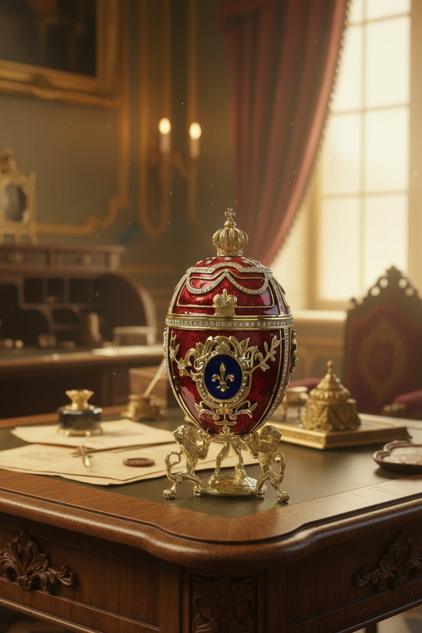 Decorative egg with intricate gold and red design on a white surface