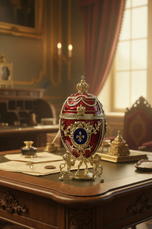 Decorative egg with intricate gold and red design on a white surface