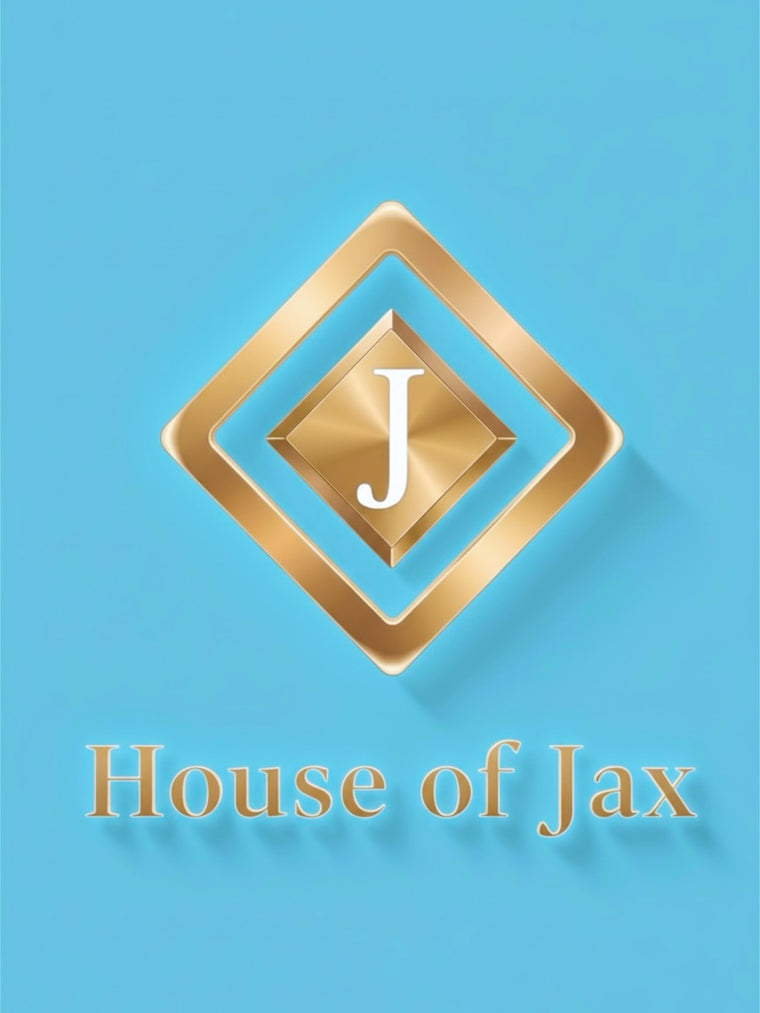 House Of Jax Studio logo featuring a gold diamond emblem with a central J on a light blue background