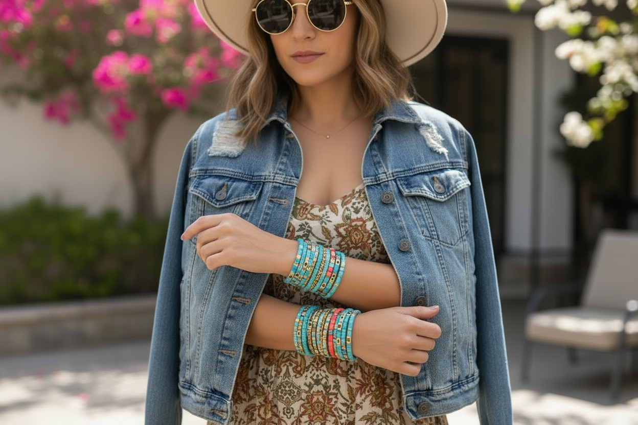 Keep this image the bracelets must stay but white top on woman under jeans jacket 