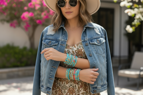 Keep this image the bracelets must stay but white top on woman under jeans jacket 